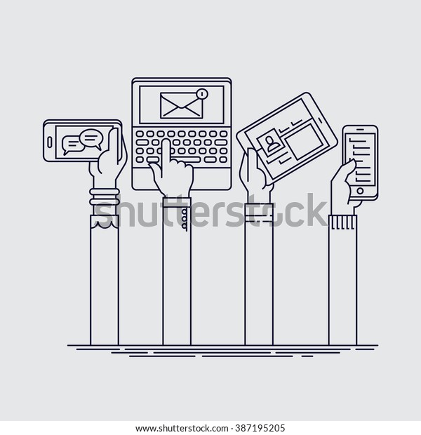 Cool linear set of people hands\
holding mobile devices. Flat line people hands using their phones,\
tablets and laptops with different applications\
running