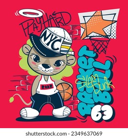 Cool lion boy cartoon basketball player isolated on red background illustration vector, t-shirt graphic design.