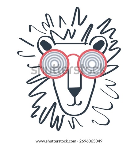 Cool lion face illustration with abstract mane wearing funky round hypnotic glasses creative animal art for trendy t-shirt design and digital print