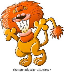 Cool lion with a great orange mane and sharp teeth while stretching its body, raising its arms, grinning and clenching its eyes in a nice attitude of welcoming