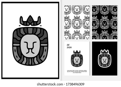 Cool lion king head doodle illustration for poster, sticker, background pattern or apparel merchandise.With black and white, hand drawn, and hipster style.