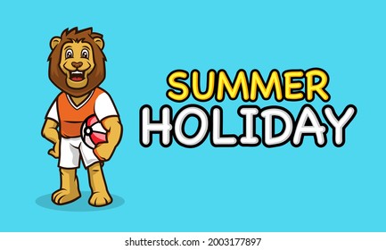 Cool lion mascot in summer holiday banner template