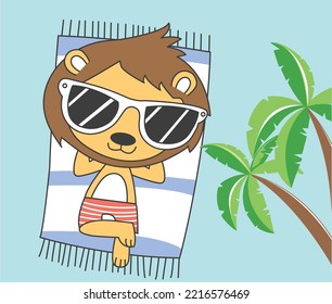 cool lion on the beach, cool lion on holiday, cute lion under the palm tree