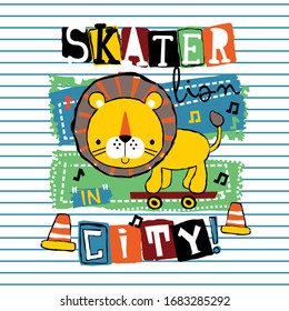 cool lion play skateboard funny animal cartoon,vector illustration