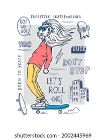 Cool lion skateboarding vector illustration with doodles for t-shirt prints, posters and other uses.