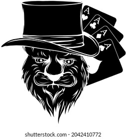 Cool lion with top hat and poker aces