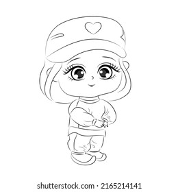 Cool little Asian girl in a cap, textile t-shirt print package, vector illustration