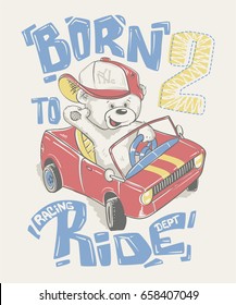 Cool little bear in cap driving a car cartoon hand drawn.
