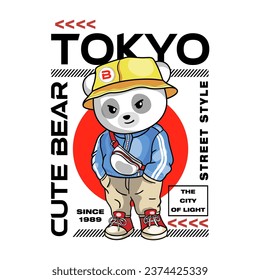 Cool little bears on the streets of Tokyo, Graphic print shirt, vector, illustration, wallpaper, poster