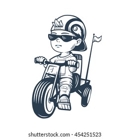 Cool Little Boy On Bike. Toddler In Cap Riding Tricycle. Vector Illustration For T-shirt Prints, Logos, Children Products. Coolness. Baby Sport.