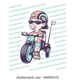 Cool little boy on bike with gum bubble. For kid's or baby's shirt design. Toddler in cap riding tricycle. Vector illustration for prints, logos, children products. Coolness.
