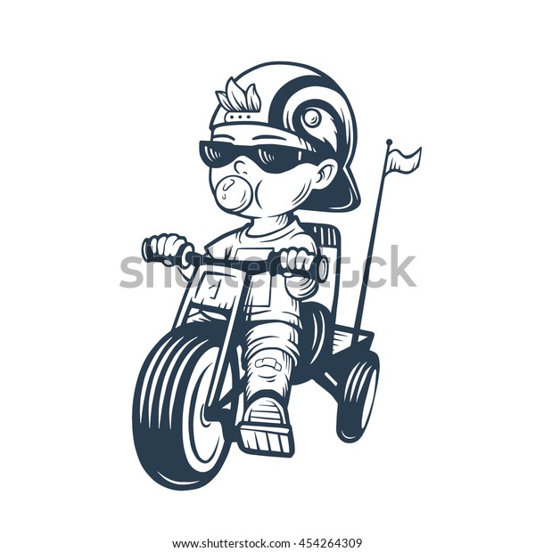 ガムバブルの付いた自転車に乗った格好良い少年 帽子に乗った三輪車の幼児 Tシャツのプリント ロゴ 子ども向けのベクターイラスト 冷静さ ベビースポーツ のベクター画像素材 ロイヤリティフリー
