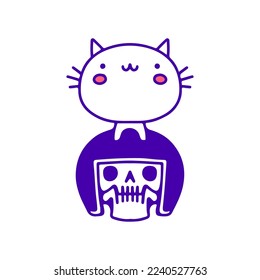 Cool little cat and rider skull doodle art, illustration for t-shirt, sticker, or apparel merchandise. With modern pop and kawaii style.