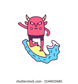 Cool little devil surfing, illustration for t-shirt, sticker, or apparel merchandise. With doodle, retro, and cartoon style.