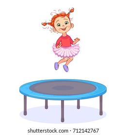 Cool little girl with two pigtails jumps on a round blue trampoline. Vector cutout art for a kids zone.