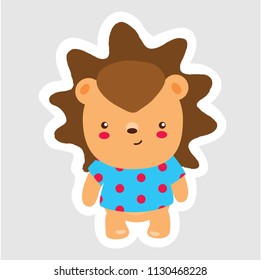 Cool little hedgehog in cartoon style wearing blue t-shirt with red spot on gray background. Use as symbol icon emblem badge sticker character cartoon emoticon pattern toy. Vector isolated. Hand draw
