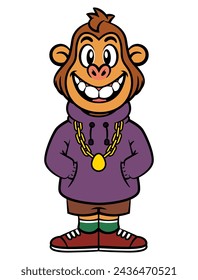 Cool Little Monkey cartoon characters wearing branded urbanwear like gold chain necklace, hoodie jacket, fancy short pants, and sneakers. Best for sticker, logo, and mascot with fashion themes