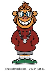 Cool Little Monkey cartoon characters wearing branded urbanwear like eyeglasses, hoodie jacket, fancy short pants, and sneakers. Best for sticker, logo, and mascot with fashion themes