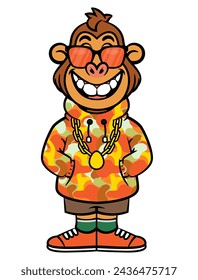 Cool Little Monkey cartoon characters wearing branded urbanwear like Sunglasses, Camouflage hoodie jacket, fancy short pants, and sneakers. Best for sticker, logo, and mascot with fashion themes