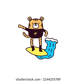 Cool little tiger surfing, illustration for t-shirt, sticker, or apparel merchandise. With doodle, retro, and cartoon style.