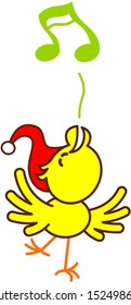 Cool little yellow bird with red Santa hat while extending its wings, raising its head, standing on one leg and cheeping harmoniously to celebrate Christmas