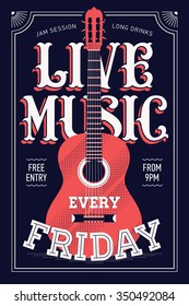 Cool Live Music Every Friday Vector Poster Template In Retro Style. Ideal For Printable Concert Promotion In Clubs, Bars, Pubs And Public Places | Music Themed Wall Art With Cool Lettering And Guitar