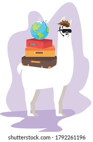cool llama agent with a pile of suitcases. World Tourism Day vector illustration.