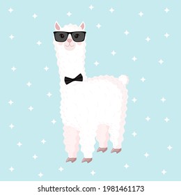 Cool llama or alpaca with a mans bow tie and glasses on a blue background with stars. Vector illustration for baby texture, textile, fabric, poster, greeting card, decor.