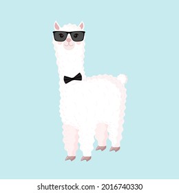Cool llama or alpaca with a mans bow tie and glasses on a blue background. Vector illustration for baby texture, textile, fabric, poster, greeting card, decor.