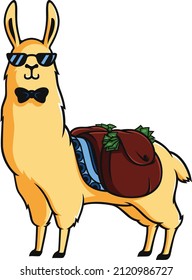 Cool Llama Character With Sunglasses And Bow Tie Carrying A Saddle Bag Full Of Money