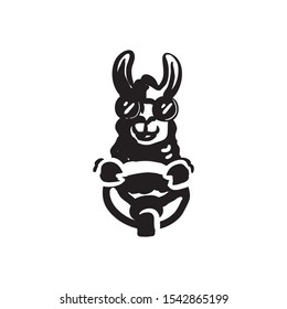 Cool llama drive steering wheel wearing sunglasses logo creative concept