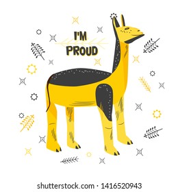 Cool llama. Image, analogy of a proud arrogant man. Smart, successful, comic person. Happy contented face. Sticker, print. Text I'm proud. Flat style vector illustration isolated on white background