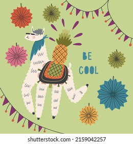 Cool Llama With Pineapple Glasses At The Festival. Alpaca Animal Nature Print Hand Drawn Doodle Naive Design Vector Art Illustration. Be Cool