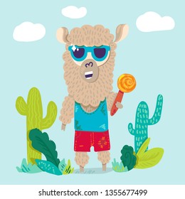 Cool llama in sunglasses cartoon character