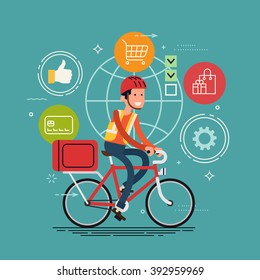 Cool local shipping logistics service in business and industry vector background. Courier person character riding delivery bicycle. Bicycle delivery service. Local city multipurpose mail delivery