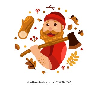 cool logger lumberjack character with axe  log and autumn leaves vector illustration