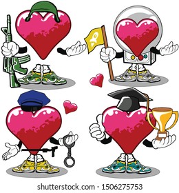 cool love symbol wearing police and army uniforms and also as a student and astrounaut
