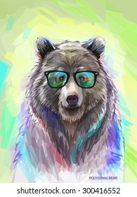 Cool low poly hipster animal, bear portrait. Background with wild animal. Low poly spectacled bear with fluffy fur. Vector illustration eps 10