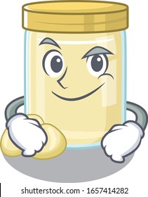 Cool macadamia nut butter mascot character with Smirking face
