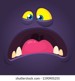 Cool mad cartoon monster face with big mouth. Vector Halloween black monster screaming
