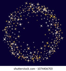 Cool magic stars gold falling sparkle texture circle border vector. Glitter confetti, shining sparkles pattern design on dark. Glossy golden stars vector gold tinsel lights background. Round frame.