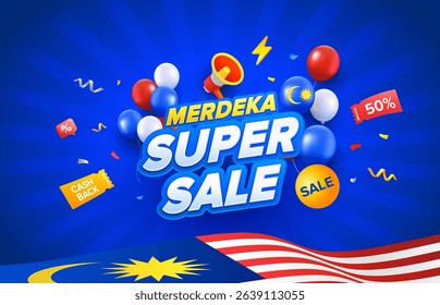 Cool Malaysia Day or Hari Merdeka celebration sale promotion design. Vector illustration template with voucher, balloons, mega phone, vouchers, confetti and flags.