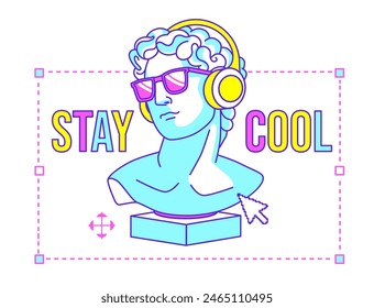 Escultura antigua masculina fresca en las gafas de sol con los auriculares y la nostalgia 8-bit interfaz de usuario Elementos. Collage para estampado de camiseta. 90's estética, divertido ambiente hipster. Colores retro fluorescentes vibrantes.