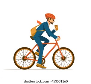 Cool Male Businessman  Riding Bicycle To Office, Drinking Coffee On The Way. Eco Friendly Trendy City Bike To Work. Isolated