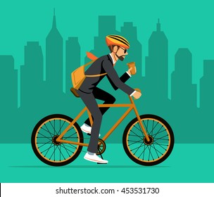 Cool Male Businessman  Riding Bicycle To Office. Eco Friendly Trendy City Bike To Work 