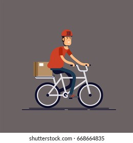 Cool male courier person character riding bicycle with delivery box. Courier bicycle delivery service. Local city multipurpose mail delivery. Vector illustration