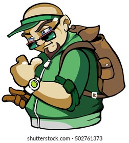 cool man with a backpack and a green sweatshirt