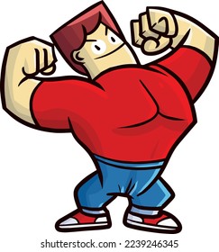 Cool man with big chest showing off his muscle. Wearing red shirt and blue jeans.