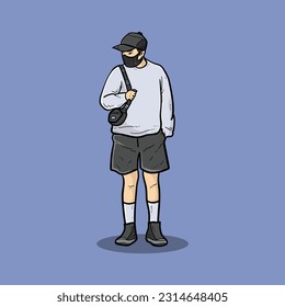Cool Man or Boy standing with keep his sling bag isolated on blue background vector modern illustrations