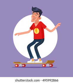 Cool man character riding board skateboard. Vector flat cartoon illustration
